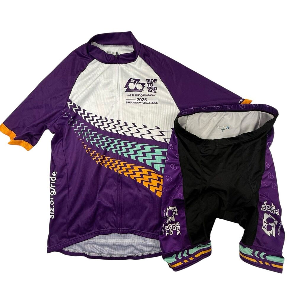 Primal Cycling Jersey ALZ Ride to End Chamois Padded L Shorts Bib Short Sleeve